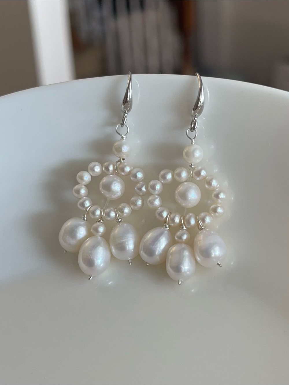 Freshwater Pearl Drop Hoop Dangle Earrings - White Pearls
